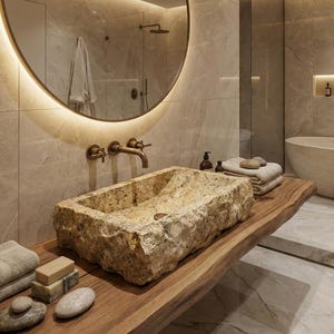 May include: A stone bathroom sink on a wooden counter. The sink has a rough, textured surface. A round mirror with a warm light surrounds the sink. Soap, towels, and decorative stones are also on the counter. The room has a spa-like feel.