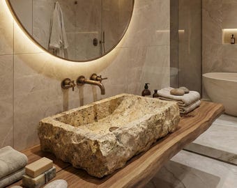 Handcrafted Silver Travertine Vessel Sink – Rustic Natural Stone Bathroom Basin