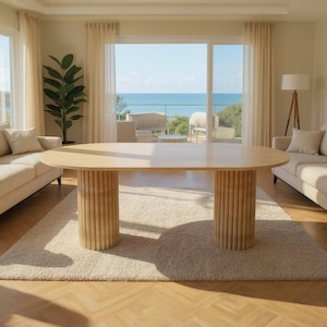 Oval Travertine Dining Table, Modern Natural Stone Table, Fluted Pedestal Base, Minimalist Handmade Marble Table