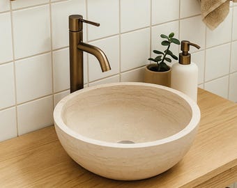 Beige Travertine Sink, Handmade Round Stone Basin, Natural Marble Bathroom Vanity