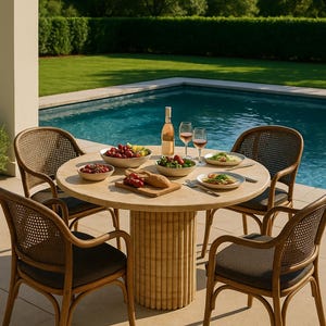 Travertine Round Table, Dining table, Handmade Travertine Stone Cafe Table, Custom Order Marble Table, Fluted Cut Dinner Table
