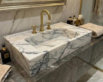 Pia de mármore lilás artesanal: Cuba de pedra natural, luxuosa, feita à mão, para banheiro, tamanho personalizado em mármore.
