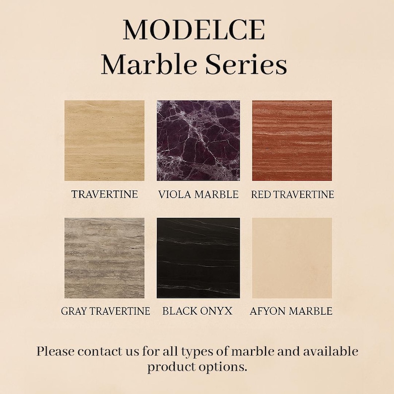Puede incluir: Una exhibici&oacute;n de muestras de m&aacute;rmol, que muestra varios colores y patrones. La imagen incluye muestras etiquetadas como Travertino, Viola Marble, Red Travertine, Gray Travertine, Black Onyx y Afyon Marble. El texto "MODELCE Marble Series" est&aacute; en la parte superior.