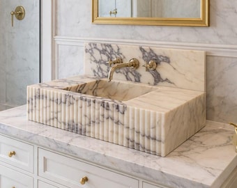 Calacatta Viola Handmade Marble Luxury Bathroom Sink With Backsplash: Custom Size Marble Stone Vanity