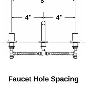 Pu&ograve; includere: Un disegno tecnico a linee di un gruppo rubinetteria a tre fori con bocca centrale e due manopole laterali. Il diagramma indica una larghezza totale di 20,32 cm, con 10,16 cm di spazio tra la bocca centrale e ciascuna manopola. Testo: Faucet Hole Spacing MODELCE.