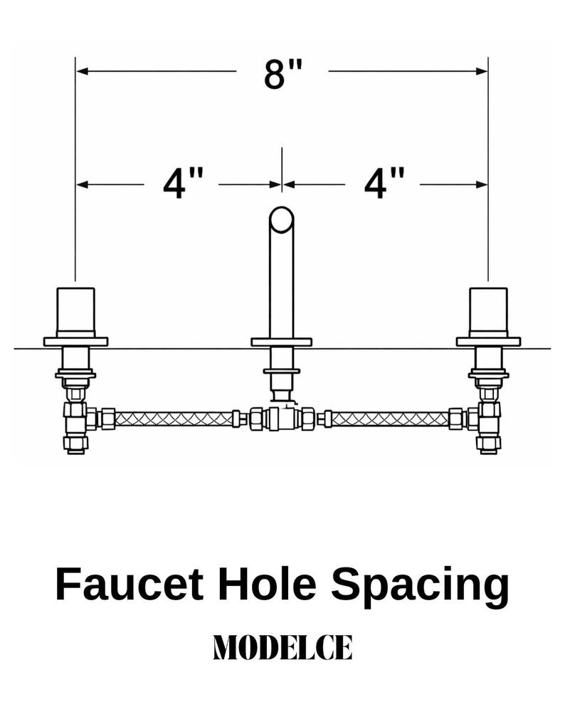 Pu&ograve; includere: Un disegno tecnico a linee di un gruppo rubinetteria a tre fori con bocca centrale e due manopole laterali. Il diagramma indica una larghezza totale di 20,32 cm, con 10,16 cm di spazio tra la bocca centrale e ciascuna manopola. Testo: Faucet Hole Spacing MODELCE.