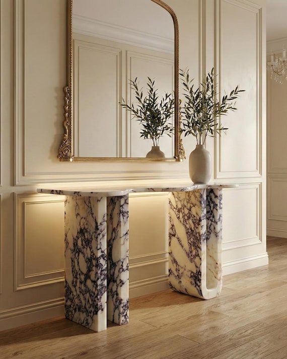 Calacatta Viola Marble Handmade Entryway Console Table: Luxury Marble Furniture Dresser