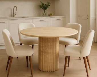Handmade Travertine Round Dining Table: Fluted Base, Natural Stone