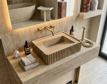Handgefertigte Travertin Waschbecken, Naturstein Marmor Eitelkeit, versteckter Abfluss