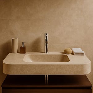 May include: A contemporary bathroom sink featuring a beige countertop and a dark brown cabinet. It includes a chrome tap, a wooden soap dispenser, a wooden toothbrush holder, a small stone, and a folded towel. The background is a beige tiled wall.