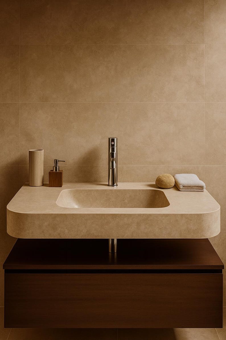 May include: A contemporary bathroom sink featuring a beige countertop and a dark brown cabinet. It includes a chrome tap, a wooden soap dispenser, a wooden toothbrush holder, a small stone, and a folded towel. The background is a beige tiled wall.
