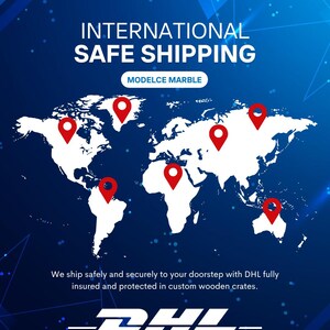 May include: A world map with red location markers, indicating international shipping destinations. The text "INTERNATIONAL SAFE SHIPPING" is displayed above the map, with "MODELCE MARBLE" below. The DHL logo is at the bottom.