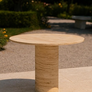 Handmade Travertine Round Dining Table | Custom Natural Stone Table with Unique Veining | Custom Sizes Available