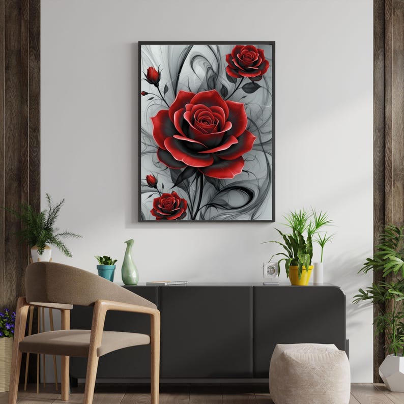 Red Rose Wall Art, Elegant Floral Digital Print, Modern Flower Poster ...
