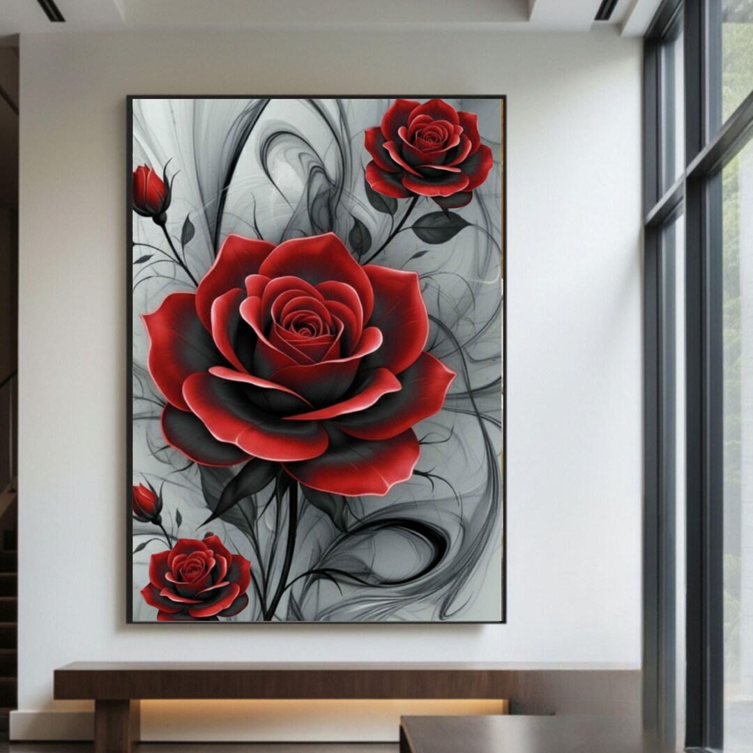 Red Rose Wall Art, Elegant Floral Digital Print, Modern Flower Poster ...