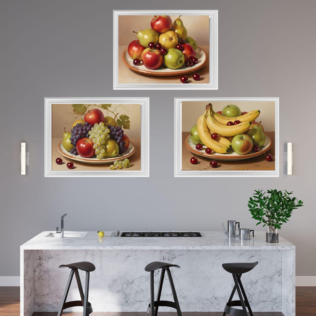 retro kitchen prints, set of 3, food wall art (digital... Kitchen Wall Art Set of 3, Fruit Still Life Posters, Vintage Kitchen ...