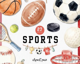 Aquarell Sport Clipart, Kinder Sport-Team Grafiken, Basketball Fußball Baseball Fußball Tennisbälle Clipart, Geburtstagseinladung Grafiken