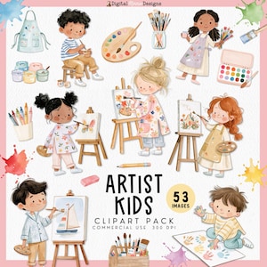 Può includere: Una collezione di clipart digitali intitolata Artist Kids con illustrazioni ad acquerello di bambini che dipingono su tele, cavalletti e carta, insieme a forniture artistiche come tavolozze, pennelli, grembiuli e set di colori su sfondo bianco.
