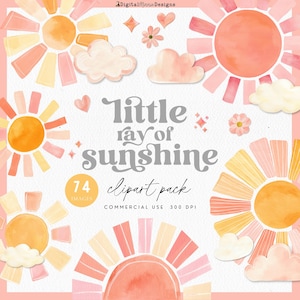 Op de afbeelding: Een verzameling aquarel clipart elementen met zonnen, wolken, harten en bloemen in perzik, roze en geel. De tekst "Little ray of sunshine" is te zien, samen met "74 images" en "clipart pack". Geschikt voor commercieel gebruik.