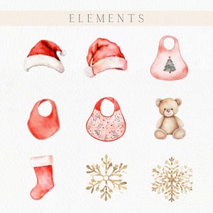May include: Watercolor illustrations of Christmas-themed elements. Includes Santa hats, baby bibs, a teddy bear, a Christmas stocking, and gold snowflakes. The word "ELEMENTS" is at the top of the image.
