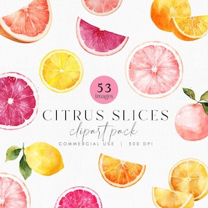 Puede incluir: Ilustración en acuarela de varias rodajas de cítricos, incluyendo naranjas, limones y pomelos, en tonos amarillos, naranjas y rosas. El texto dice "CITRUS SLICES clipart pack".