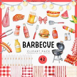 May include: A digital clipart collection featuring watercolor illustrations of barbecue items including a grill, hot dogs, burger, steak, condiments, drinks, a red checkered apron, string lights, and various red and white patterned backgrounds.