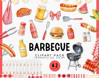 Watercolor BBQ Clipart for Outdoor Backyard Cook Out, Summer Barbecue PNG Graphics for Invitation, Hotdog, Cheeseburger, Grill, String Light