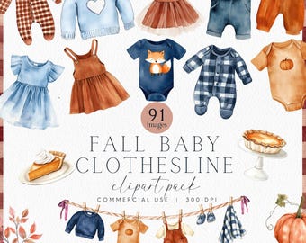 Herbst-Baby-Wäscheleine Clipart, Herbst-Baby-Dusche Clipart, eine kleine Baby-Dusche, Herbst-Baby-Kleidung, Aquarell-Baby-Wäscheleine