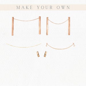 May include: Watercolor illustration featuring wooden posts, rope, and small wooden clips. The text "MAKE YOUR OWN" is displayed at the top. The elements are arranged to suggest a DIY project or craft design, with a neutral color palette.