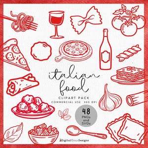 May include: Red line art illustrations of Italian food items, including pasta, pizza, wine, and lasagna. The words "Italian food" are written in cursive. The image also includes a graphic that says "48 PNGs and SVGs".