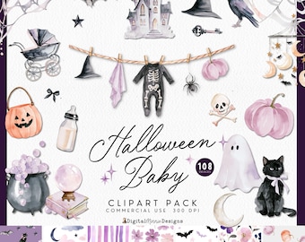 Halloween babyshower clipart för inbjudan, lila svart "A Little Boo Is Due" inbjudan PNG, baby brygger läskig akvarell pumpa grafik