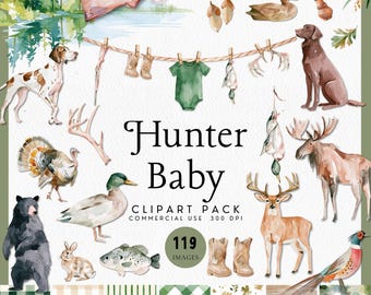 A Little Hunter Is On The Way Clipart for Invitations, Hunting and Fishing Baby Shower Clipart for Boy and Girl, Watercolor Game Animals