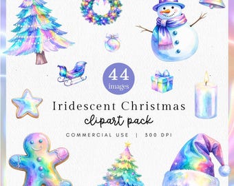 Iridescent Christmas Clipart| 35 PNG Holographic Holiday Graphics | Holographic Christmas Tree, Watercolor Christmas Clipart, Rainbow PNGs