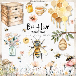 May include: Watercolor clipart pack featuring a bee hive theme. Includes illustrations of a wooden beehive, honey jar, teacup, honeycomb, bees, flowers, and the text "Bee Hive clipart pack".