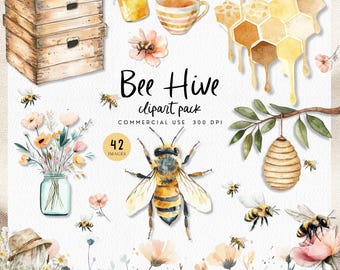 Aquarell Honigbienenstock Clipart, Honigbienenhalter Grafiken, Bienen Box PNG, Hummel, Honig, Wildblumen, Wabengrafik, kommerzielle Nutzung