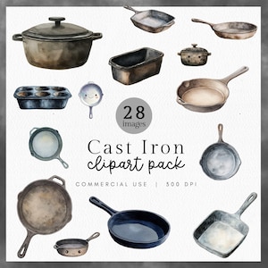 Puede incluir: Ilustraciones en acuarela de utensilios de cocina de hierro fundido, incluyendo sartenes, ollas y cacerolas. La imagen presenta una variedad de formas y tamaños, con una estética rústica pintada a mano. El texto dice "Cast Iron clipart pack" y "Commercial use | 300 DPI".