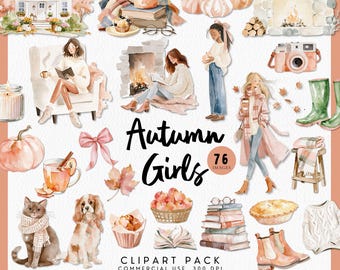 Akvarell mysig höstflicka Clipart, Grandmillenial rosa pumpa Cottagecore höstgrafik digitalt klistermärke, Instagram Stories, Boho Planner