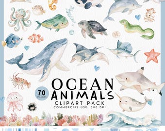 Watercolor Ocean Animals Clipart for Invitation, Under Onder the Sea Baby Shower PNG, Cute Kawaii Whale Shark, Turtle, Manta Ray Nursery