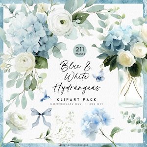 May include: A digital clipart pack featuring watercolor illustrations of blue and white hydrangeas, roses, and greenery. The image includes a butterfly, a hummingbird, and the text "Blue & White Hydrangeas" and "211 Images".