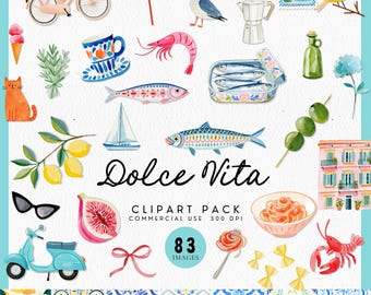 Mittelmeer Sommer Clipart, Amalfiküste PNG, Italienischer Sommer Babyparty Einladung, Aquarell Sardinen, Zitrone, Italien Hochzeitsgrafik