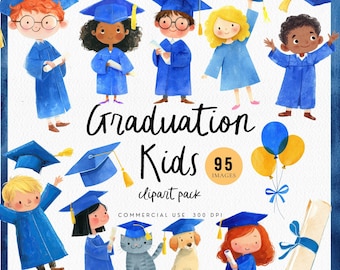 Blue and Gold Kindergarten Graduation Kids Clipart, Royal Blue and Yellow PreK Student Graphics for Graduation Party Invitation for Teachers