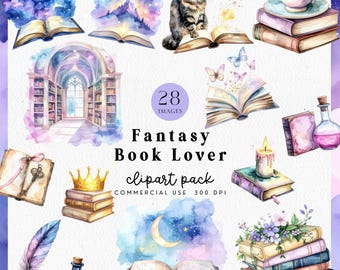 Fantasy Book Lover Clipart PNG, Watercolor Clipart, Book Club Clipart, Magical Books, Bookstore Clipart, Reading Sticker, Digital Download