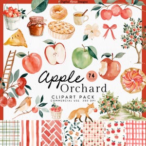 May include: A digital clipart collection featuring watercolor illustrations of apples, apple trees, pies, a donut, a mug, a bird, a fox, and patterned backgrounds. The text reads Apple Orchard 74 IMAGES CLIPART PACK COMMERCIAL USE 300 DPI.