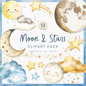 Può includere: Pacchetto di clipart ad acquerello con lune, stelle e nuvole nei toni del giallo, blu e oro. Include un gatto che dorme su una nuvola e il testo "Moon & Stars Clipart Pack". Uso commerciale, 300 DPI.