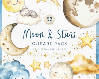 Moon and Stars Watercolor Clipart, Cute Celestial Birthday Invitation, Gold Crescent Moon PNGs, Heaven Sent Baby Shower, Nursery Wall Art