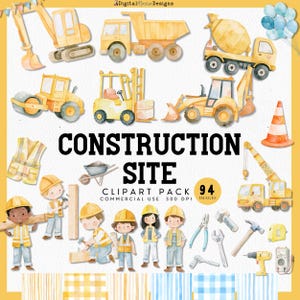 Puede incluir: Una colección digital de ilustraciones en acuarela de una obra en construcción con maquinaria pesada amarilla, trabajadores con chalecos y cascos, herramientas, un cono de tráfico y globos azules, con el texto CONSTRUCTION SITE.
