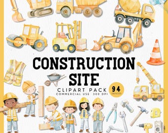 Baustelle Clipart für Geburtstagseinladungen, niedliche Aquarell Kipper Bagger Ausrüstung, Baustelle Thema Klassenzimmer oder Kinderzimmer Dekor
