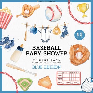 Peut inclure: Une collection de cliparts numériques présentant des illustrations à l'aquarelle sur le thème du baseball, incluant un body pour bébé, des balles, des battes, des gants, un tableau de score, un trophée, un biberon et du pop-corn.