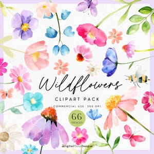 Watercolor Wildflower Clipart for Invitations, Weddings, Baby Showers, Funerals, Basic Wild Flowers, Simple Summer Florals Bright Colors