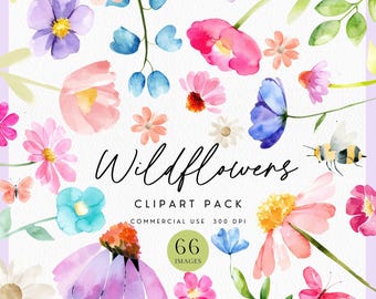 Watercolor Wildflower Clipart for Invitations, Weddings, Baby Showers, Funerals, Basic Wild Flowers, Simple Summer Florals Bright Colors